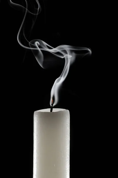 Wax Candle Burning Wick Smoke Isolated Black Background — Fotografia de Stock