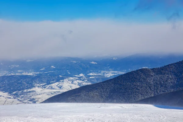 Χιονισμένες Βουνοκορφές Κωνοφόρα Δάση Και Σύννεφα Στον Γαλάζιο Ουρανό — Φωτογραφία Αρχείου