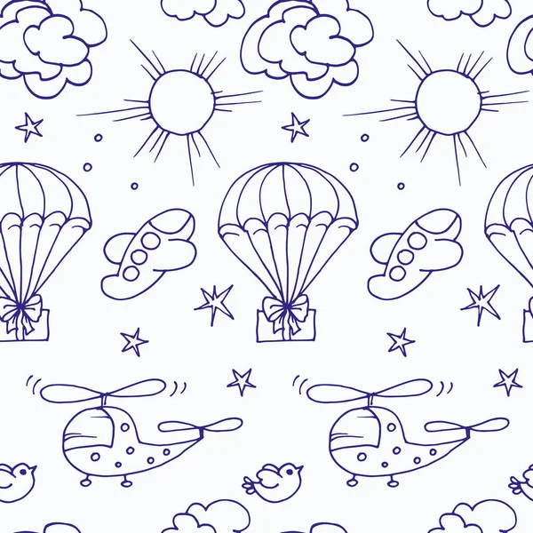 Naadloos Patroon Voor Kinderen Helikopters Parachutes Met Geschenken Een Blauwe — Stockvector