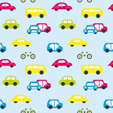 Kusursuz desenli, açık mavi arka planda maviyle biçimlendirilmiş retro arabalar, vektör