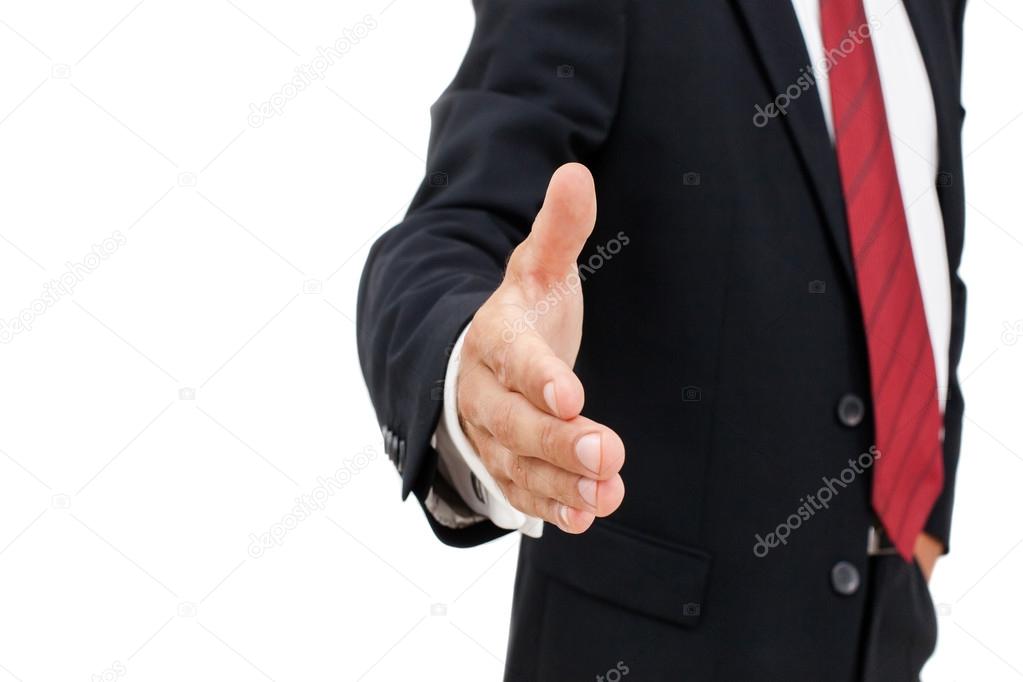 Young business man ready to set a deal over white background.