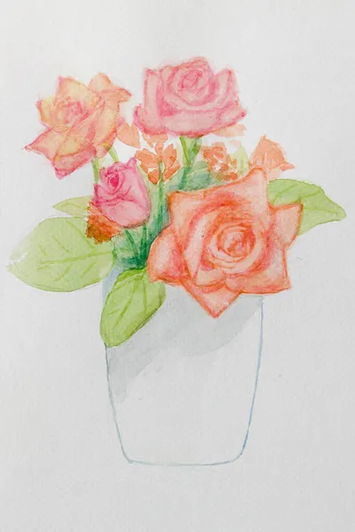 Akvarell Rózsa Fehér Váza Fehér Háttér — Stock Fotó