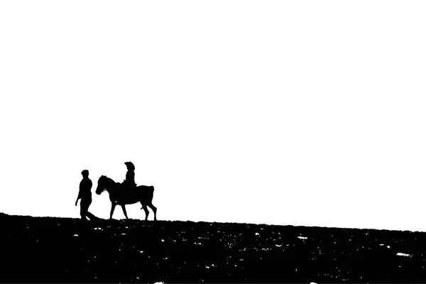 Silhouette Dad Walking Daughter Riding Horse White Background — Stock Photo, Image