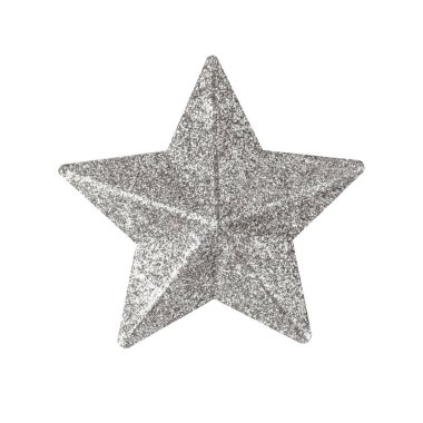 Gümüş Noel yıldızı beyaz bir arka planda izole edilmiş. Beş köşeli yıldız, altın parıltısıyla kaplı.