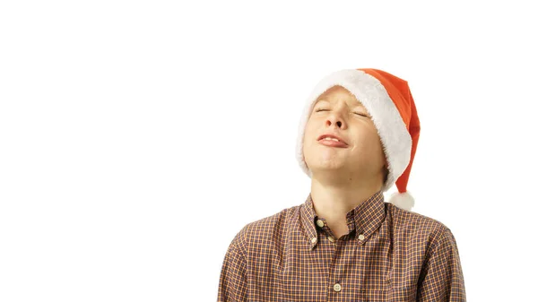Junge Mit Nikolausmütze Isoliert Auf Weißem Hintergrund Urlaubskonzept Weihnachten Neujahr — Stockfoto