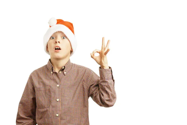 Portrait Surprised Child Santa Hat Shows Fingers Isolated White Background — Stock Photo, Image