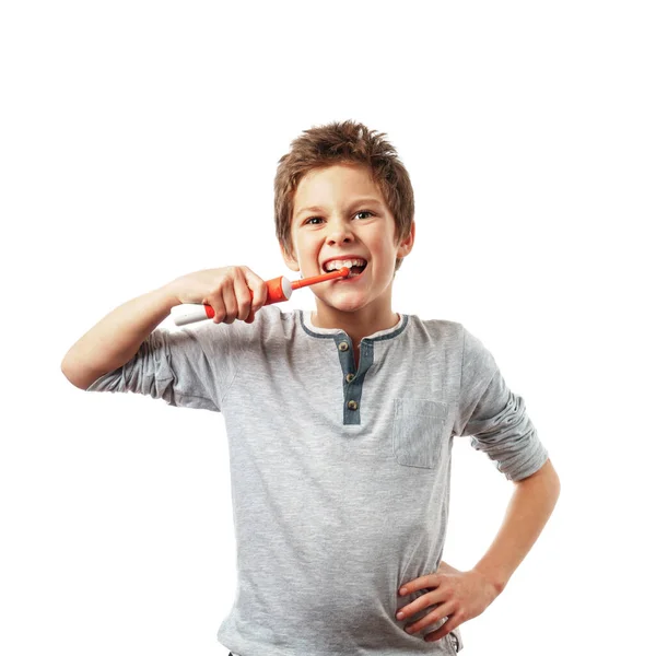 Kleines Kind Beim Zähneputzen Mit Elektrischer Zahnbürste Isoliert Auf Weißem — Stockfoto
