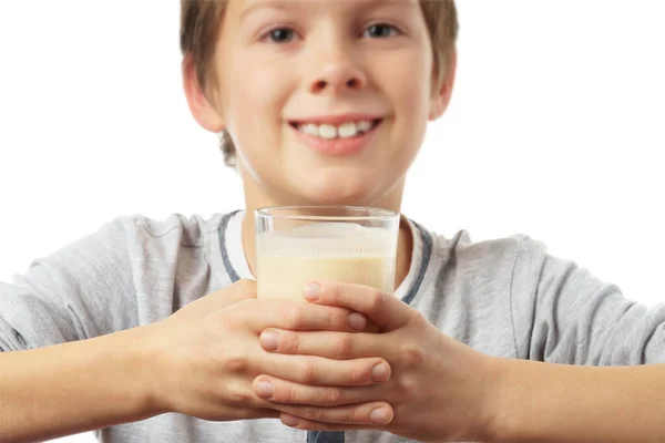 Portrait Happy Caucasian Boy Glass Milk Isolated White Background Advertising — Stock Photo, Image
