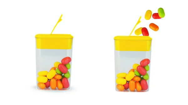 Colored sweet dragee in transparent box on white background — Foto de Stock