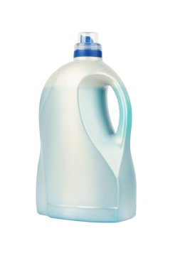 plastic bottle with liquid powder on white background