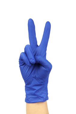 hand in blue medical glove showing two fingers victory gesture on white background