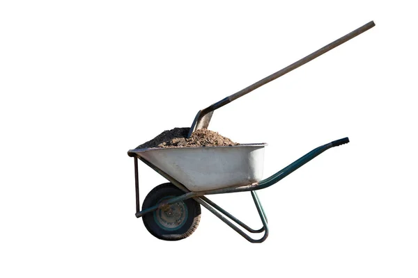 Wheelbarrow with sand and shovel on white background — Stock Photo, Image