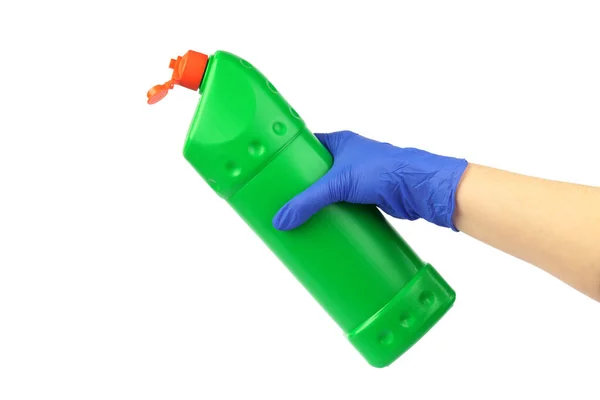 A female hand in a glove holds a cleaning agent on a white background — Stock Photo, Image