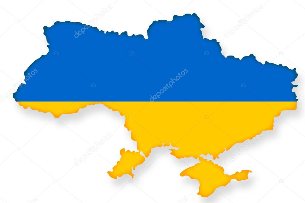 Ukraine map on Ukrainian flag isolated on white background