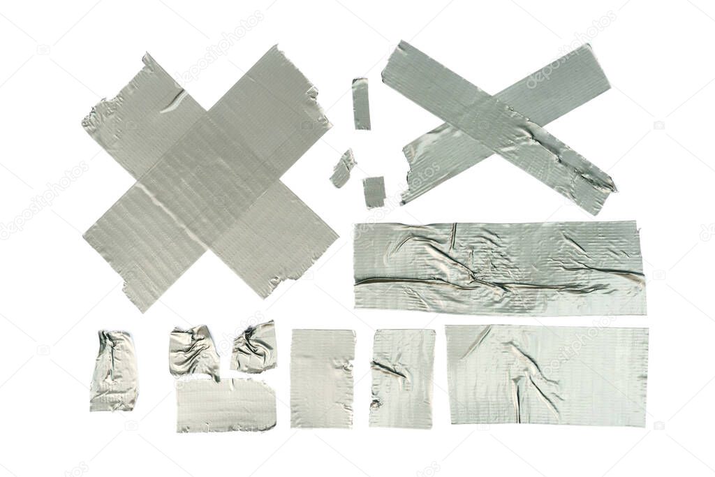 aluminum metal adhesive tape, torn pieces of different shapes, isolated on white background