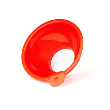 plastic funnel isolated on white background. red liquid funnel