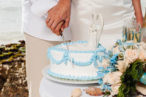 Close-up mid section of a newlywed cutting wedding cake — Stock Photo, Image