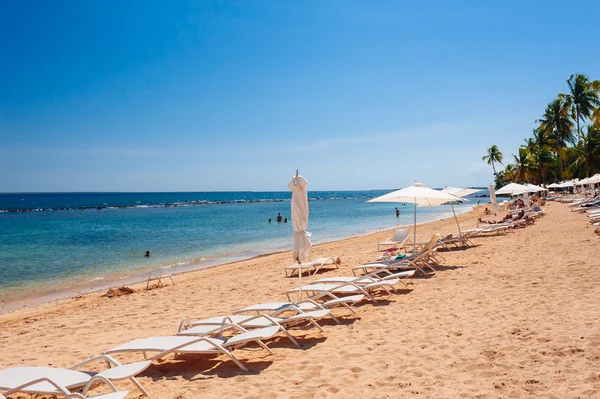 Liegestühle und Sonnenschirm am atemberaubenden tropischen Strand — Stockfoto