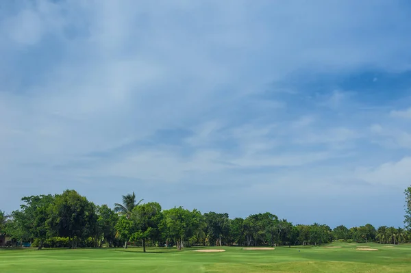 Pole golfowe w Republice Dominikańskiej. pola trawy i palm kokosowych na wyspie Seszeli. — Zdjęcie stockowe
