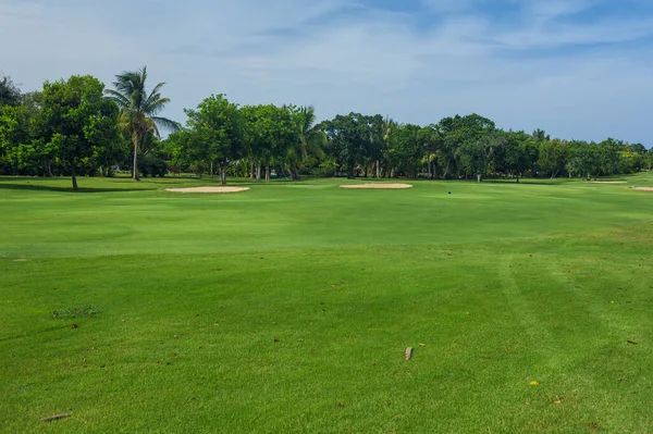 Golfbaan in Dominicaanse Republiek. gebied van gras en kokospalmen op Seychellen eiland. — Stockfoto