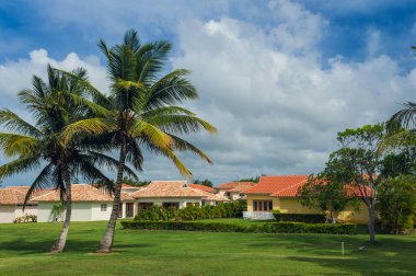 Dominik Cumhuriyeti ülkesindeki Golf Sahası. çim ve Hindistan cevizi avuç içi Seyşeller Adası.