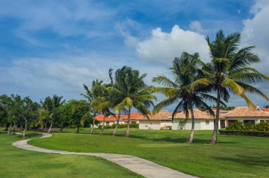 Dominik Cumhuriyeti ülkesindeki Golf Sahası. çim ve Hindistan cevizi avuç içi Seyşeller Adası.