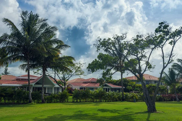 Dominik Cumhuriyeti ülkesindeki Golf Sahası. çim ve Hindistan cevizi avuç içi Seyşeller Adası.