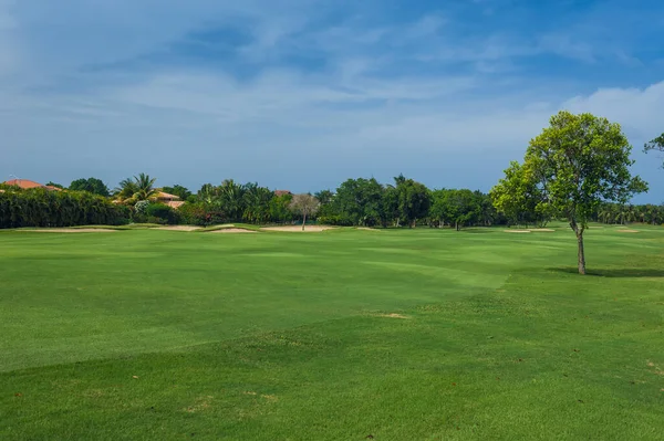 Terrain de golf en République dominicaine. champ d'herbe et cocotiers sur l'île des Seychelles . — Photo