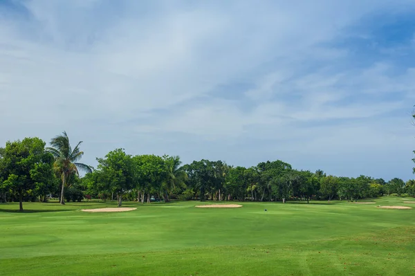 Dominik Cumhuriyeti ülkesindeki Golf Sahası. çim ve Hindistan cevizi avuç içi Seyşeller Adası.