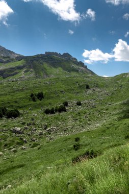 Durmitor dağları, Ulusal Park, Akdeniz, Karadağ, Balkanlar ve Avrupa 'nın muhteşem manzarası. Sedlo Geçidi 'nden parlak yaz manzarası. Dağlardaki evin yanındaki yol..