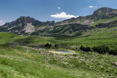 Durmitor dağları, Ulusal Park, Akdeniz, Karadağ, Balkanlar ve Avrupa 'nın muhteşem manzarası. Sedlo Geçidi 'nden parlak yaz manzarası. Dağlardaki evin yanındaki yol..