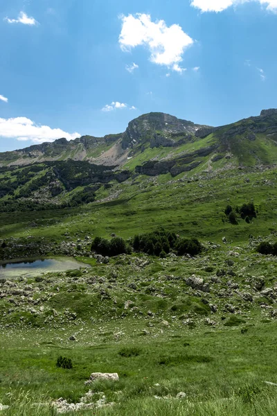 Niesamowity widok na góry Durmitor, Park Narodowy, Morze Śródziemne, Czarnogórę, Bałkany, Europę. Jasny letni widok z przełęczy Sedlo. Droga w pobliżu domu w górach. — Zdjęcie stockowe