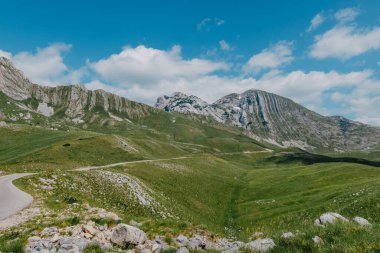 Gün doğarken Dağ Vadisi. Doğal yaz manzarası. Dağ zirvesi yeşil doğa manzarası. Yeşil tepe manzarası
