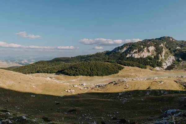 日の出の間の山の谷。自然の夏の風景。山のピーク緑の自然景観。緑の丘の風景 — ストック写真