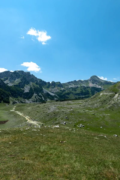 Paesaggio montano. Montagne con erba verde e cielo azzurro brillante. Panorama idilliaco. Concetto turistico. Escursioni. Vacanze in Europa. Rilassatevi all'aria aperta e lo spirito di avventura. Ecologia della natura — Foto Stock