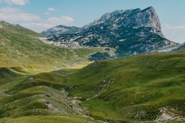Gün doğarken Dağ Vadisi. Doğal yaz manzarası. Dağ zirvesi yeşil doğa manzarası. Yeşil tepe manzarası