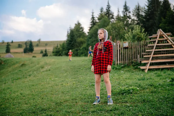 小女孩从长满青草的山上向远处望去.一个女孩对照阿尔卑斯山全景的肖像。快乐的孩子们，在春天的草地上. — 图库照片