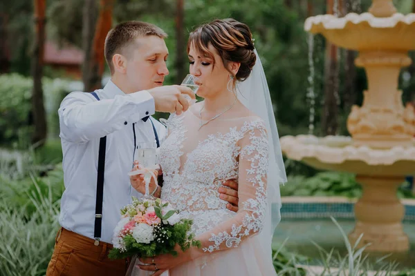 Νύφη και γαμπρός με ποτήρια σαμπάνιας στο πάρκο γιορτάζουν την ημέρα του γάμου τους. Ένα ζευγάρι νεόνυμφων πίνει σαμπάνια, αγκαλιές και φιλιά στο φόντο του σιντριβανιού. Κλείσε. — Φωτογραφία Αρχείου