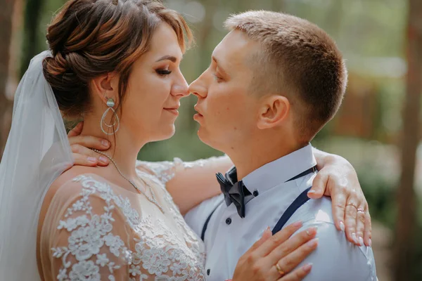 Genç bir çiftin şehvetli portresi. Düğün fotoğrafı dışarıda. Gelin ve damadın parkta düğün fotoğrafı. Yeni evli çift kucaklaştı..