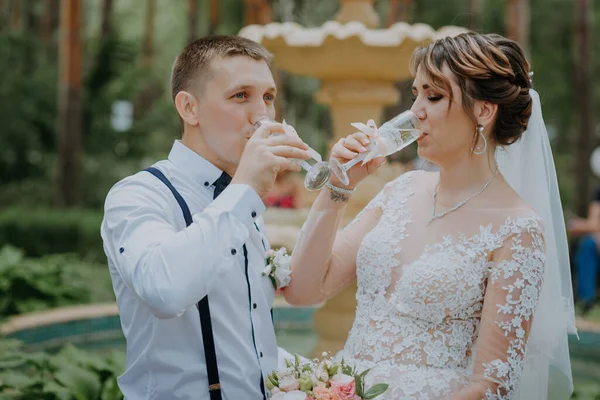 Noiva e noivo com copos de champanhe no parque celebrar o seu dia de casamento. Um casal amoroso de recém-casados bebe champanhe, abraços e beijos no fundo da fonte. Fechar — Fotografia de Stock