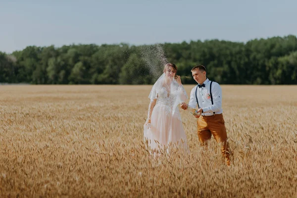 Noiva e noivo segurando copos de champanhe de casamento no fundo do campo de trigo. Casal feliz no campo de trigo. Bela noiva em vestido branco e noivo se divertindo no dia de verão. Casado. — Fotografia de Stock