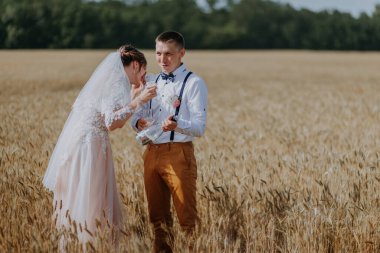 Gelin ve damat buğday tarlasında şampanya bardakları tutuyorlar. Buğday tarlasında mutlu bir çift. Beyaz elbiseli güzel gelin ve damat yaz günü eğleniyor. Yeni evlendi.