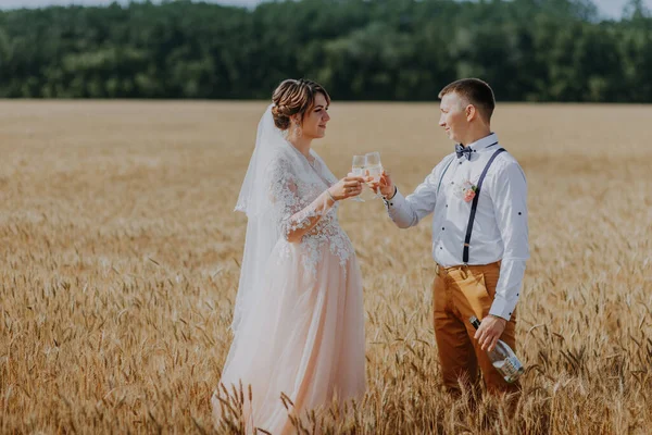 Nevěsta a ženich drží svatební sklenice šampaňského na pozadí pšeničného pole. Šťastný svatební pár na pšeničném poli. Krásná nevěsta v bílých šatech a ženich baví v letní den. Právě ženatý — Stock fotografie