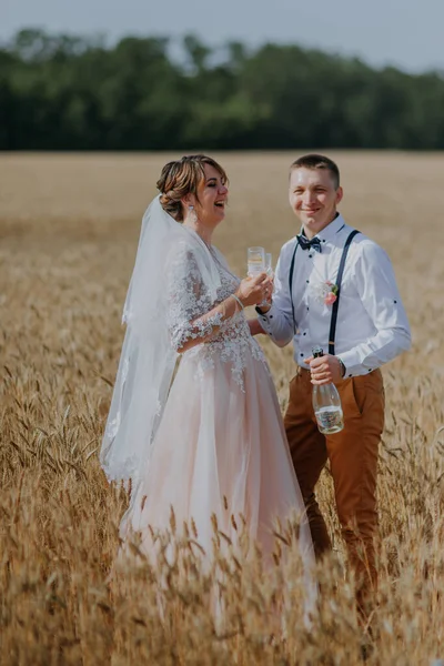 Bride and groom holding wedding champagne glasses on the background of wheat field. Happy wedding couple in wheat field. Beautiful bride in white dress and groom having fun on summer day. Just married — Stock Photo, Image