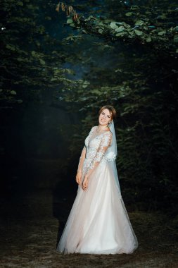 Doğada dönen muhteşem gelinlik içinde güzel, genç bir gelin. Mutluluk, eğlence. Günbatımında ormanda dans eden beyaz elbiseli güzel, şık, sarışın gelin. Güzel bir kadın.