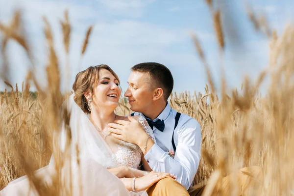 Fashionable and happy wedding couple at wheat field at sunny day. Bride and groom kissing in a wheat field. Young beautiful wedding couple hugging in a field with grass eared. — Foto Stock