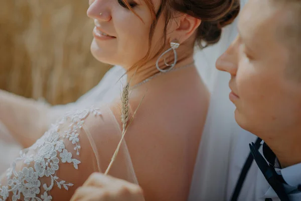 Fashionable and happy wedding couple at wheat field at sunny day. Bride and groom kissing in a wheat field. Young beautiful wedding couple hugging in a field with grass eared. — Fotografia de Stock