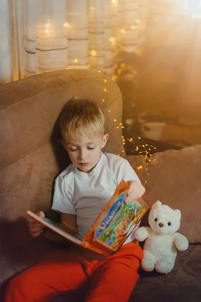 3-4 anos de idade menino está lendo um livro sentado em um sofá com ursinho de pelúcia. Home leitura de contos de fadas. Menino bonito está lendo livro enquanto sentado em um sofá. Criança lê um livro para seu melhor amigo urso. — Fotografia de Stock