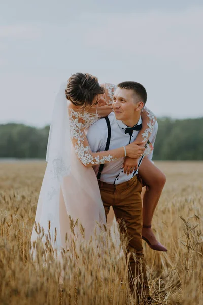 Módní a šťastný svatební pár na pšeničném poli za slunečného dne. Nevěsta a ženich líbají na pšeničném poli. Mladý krásný svatební pár objímání v poli s trávou ušima. — Stock fotografie
