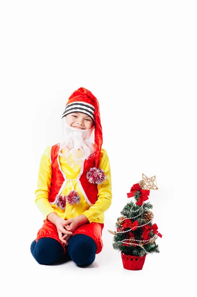 A baby dressed as a elf. isolated. Santas helper. boy in suit of dwarf or elf — Stock Photo, Image